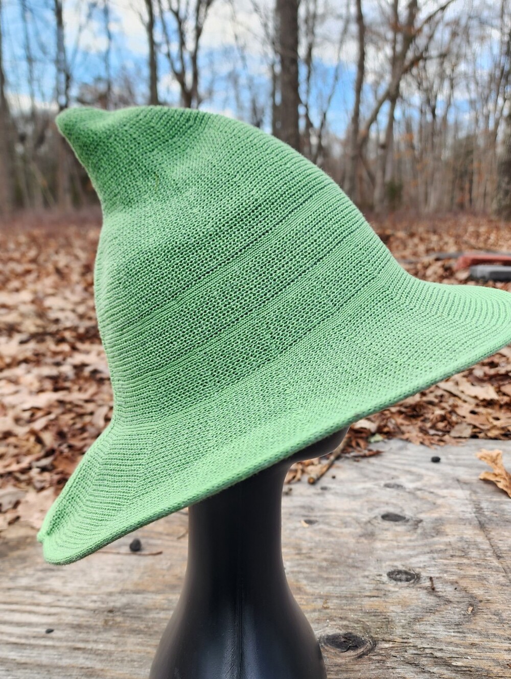 Green Pastel Knit Witch Hat Whimsical Renaissance Faire Cottagecore Style - Picture 3 of 3